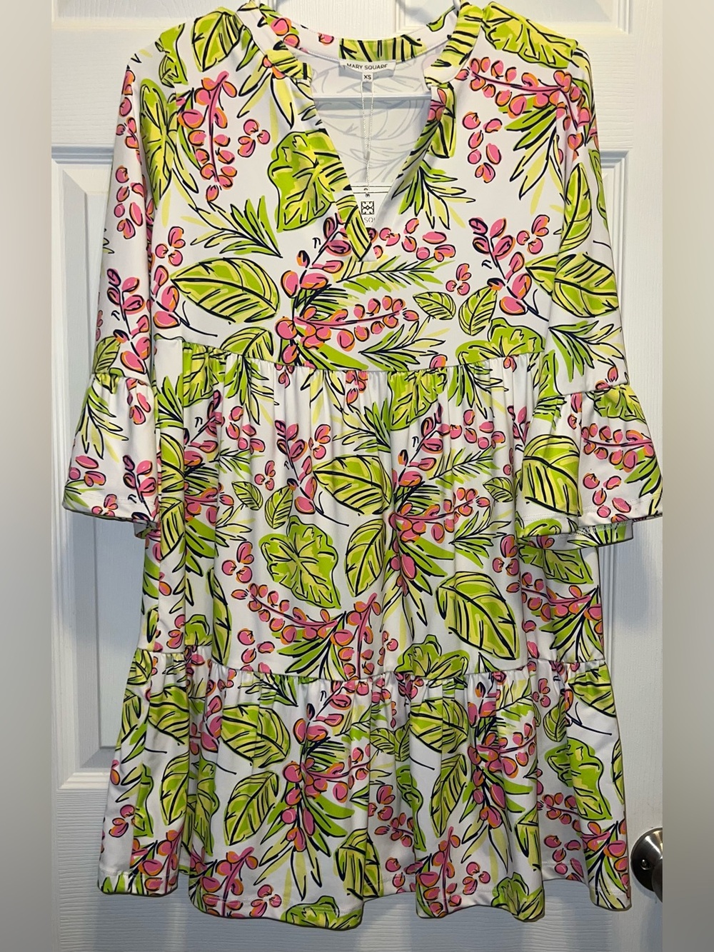 Mary Square White Mini Dress with Lime Green & Pink Floral Print